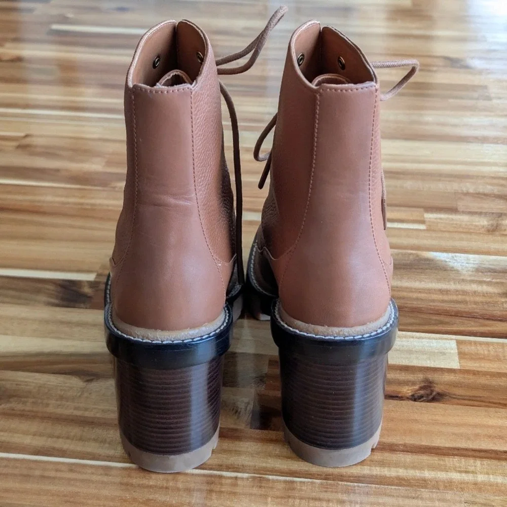 Tory Burch Miller Lug Sole Ankle Boots Brown Pebbled Leather Tan‎ Size 7.5